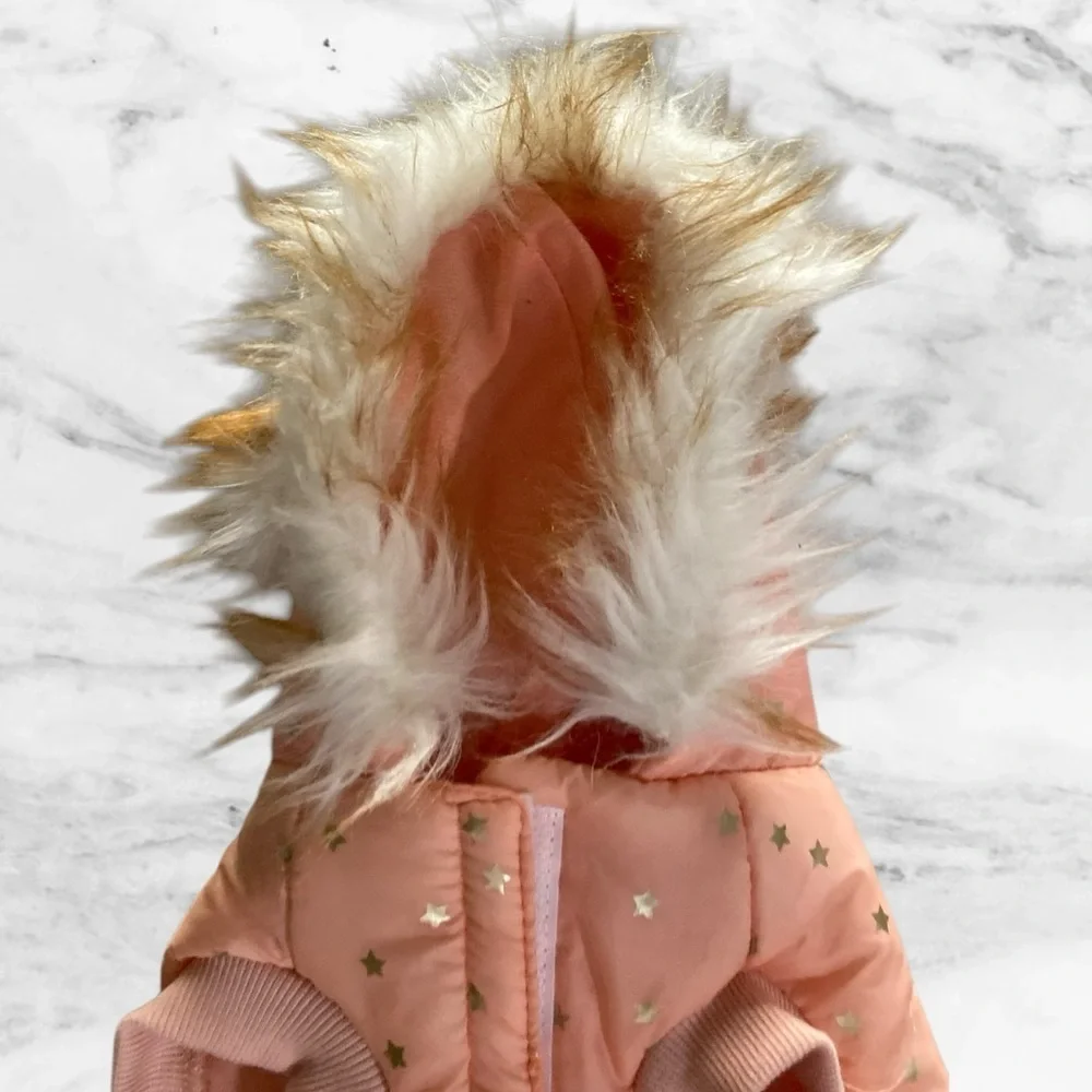 Peach Dog Coat with Faux Fur Hood & Gold Star Print​